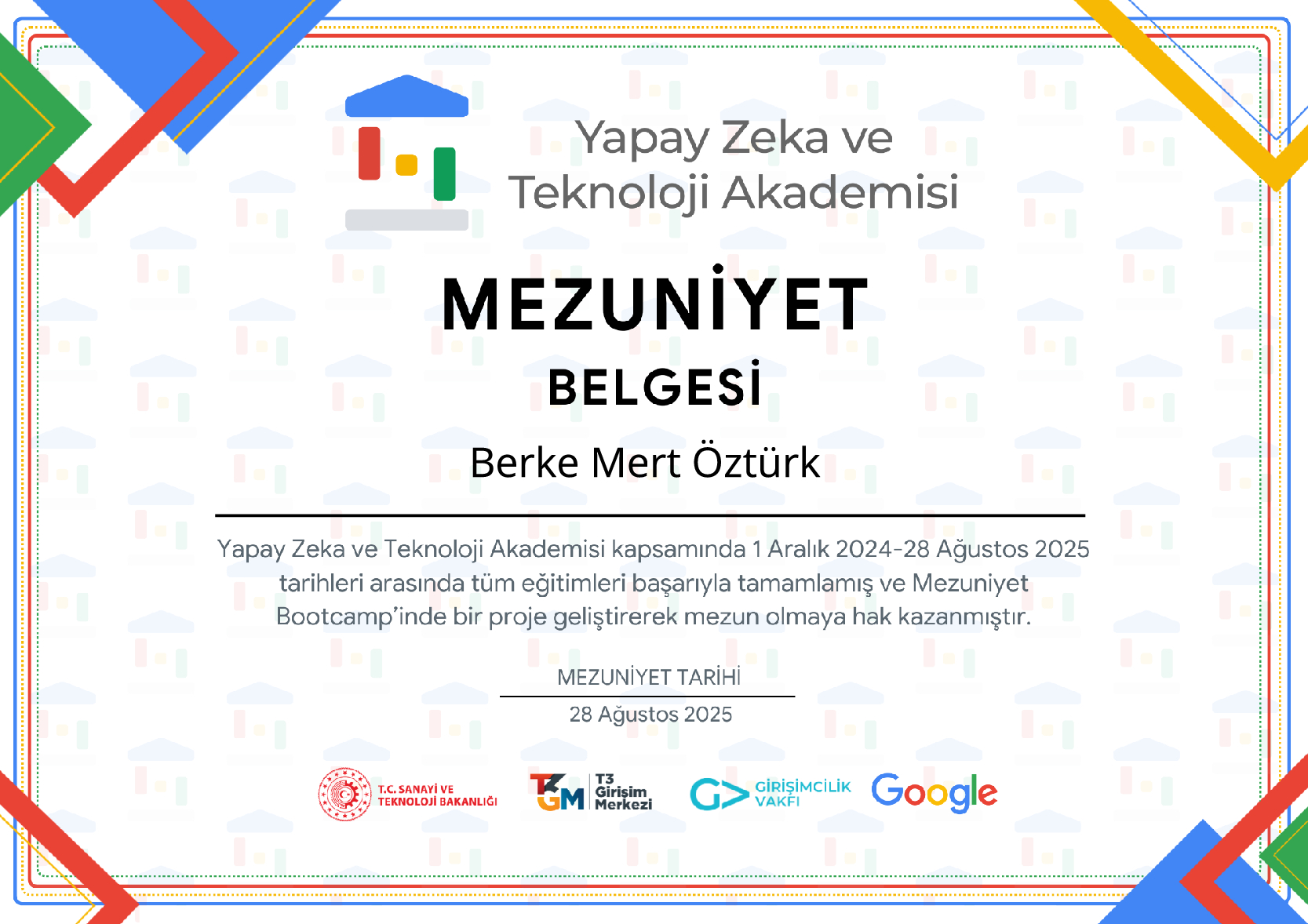  Yapay Zeka ve Teknoloji Akademisi Mezuniyet Sertifikam