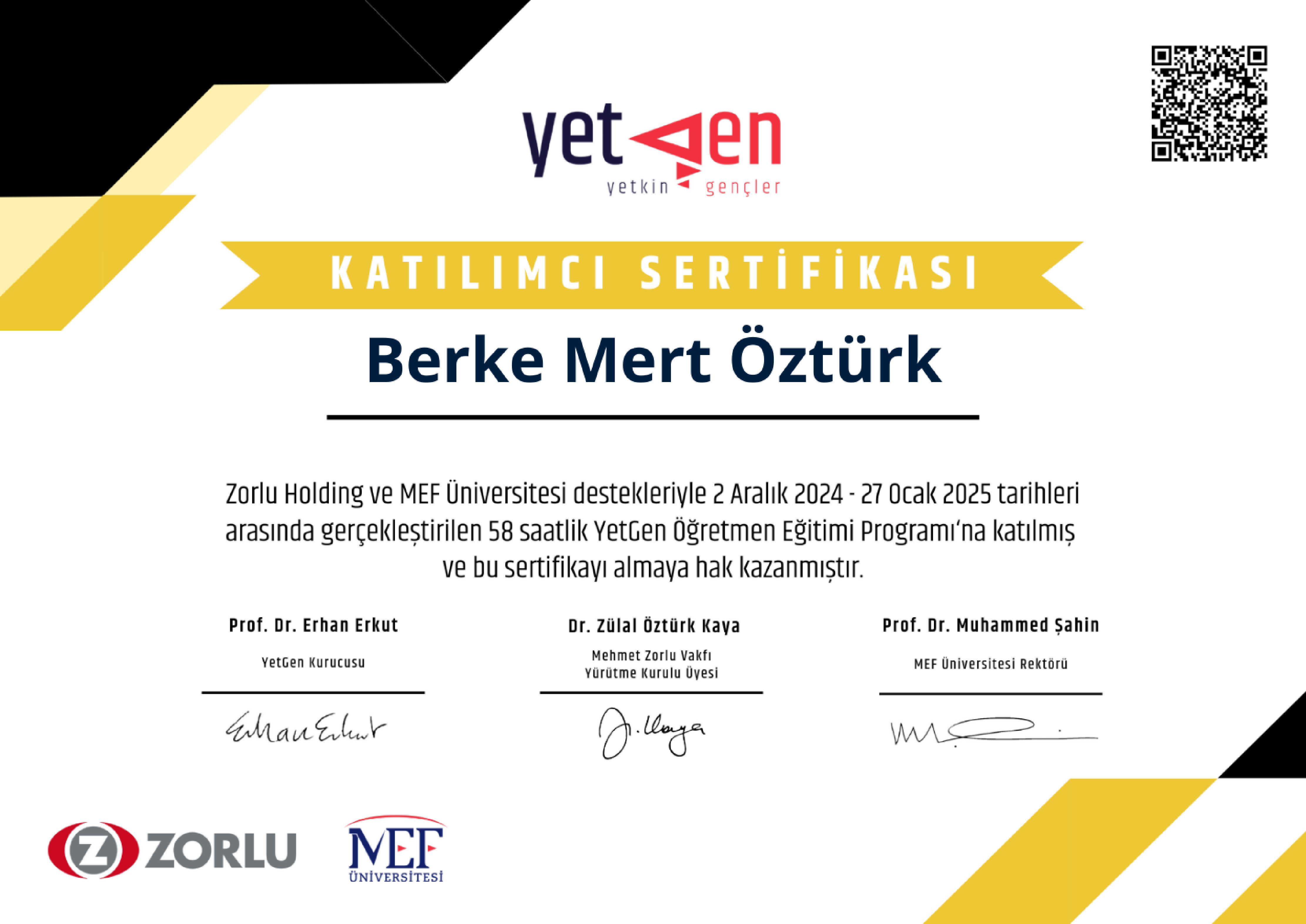 Yetgen Öğretmen Eğitimi Sertifikam